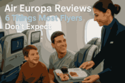 Air Europa economy class cabin showing two happy passengers enjoying in-flight service, used for Air Europa Reviews blog post about Madrid to Boston flight.