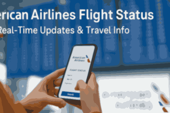 Traveler checking American Airlines flight status on a mobile phone at the airport in front of a digital departure board showing live updates.