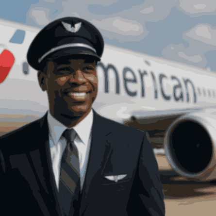 Black American Airlines pilot smiling in front of the aircraft, representing American Airlines pilot salary and career growth