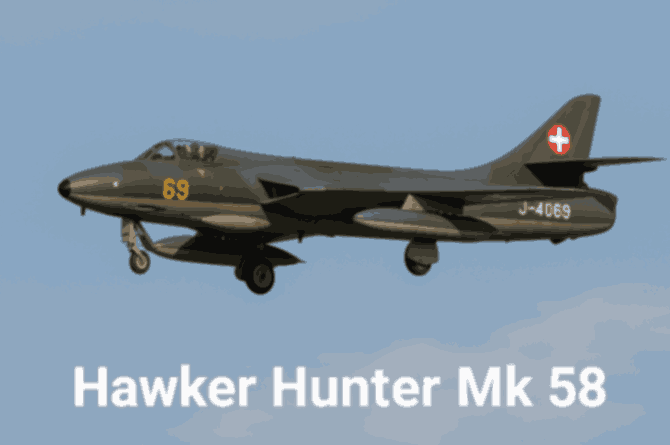 A Swiss Air Force Hawker Hunter Mk 58 jet with the number 69 on its fuselage and Swiss roundel on the tail, flying at low altitude against a clear blue sky.